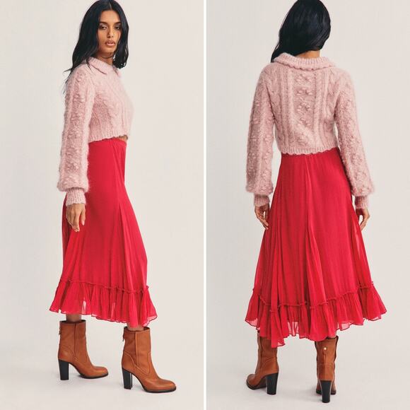 NWT Loveshackfancy Lil Silk Midi Skirt BORDEAUX Size 0 Flounce Hem Flowy Chiffon - Picture 2 of 16